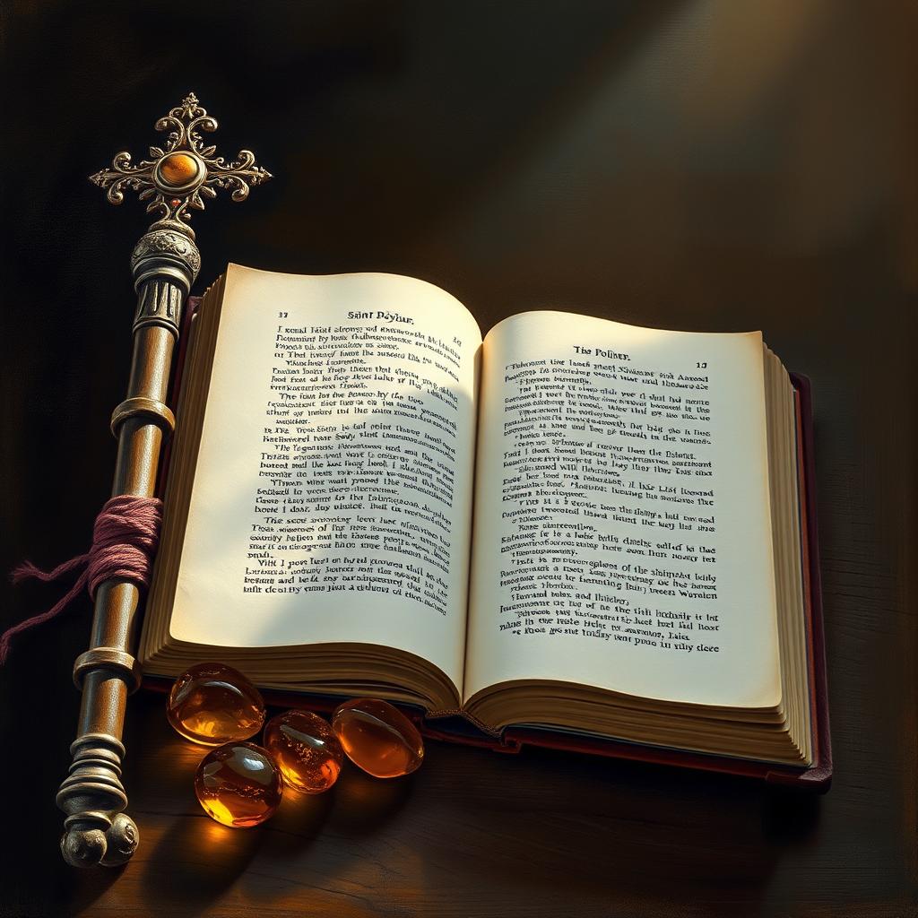 Atrybuty świętego Bożydara: laska pielgrzyma, księga i bursztyn