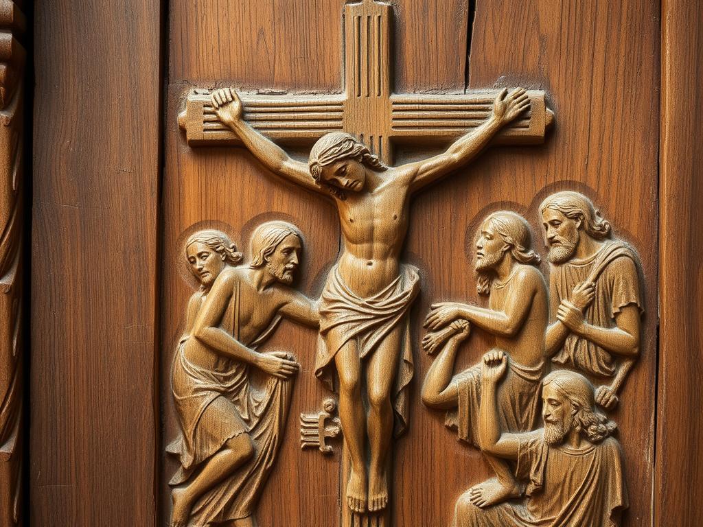 Detal z drewnianych drzwi bazyliki świętej Sabiny przedstawiający najstarsze znane przedstawienie Ukrzyżowania Detal z drewnianych drzwi bazyliki świętej Sabiny przedstawiający najstarsze znane przedstawienie Ukrzyżowania