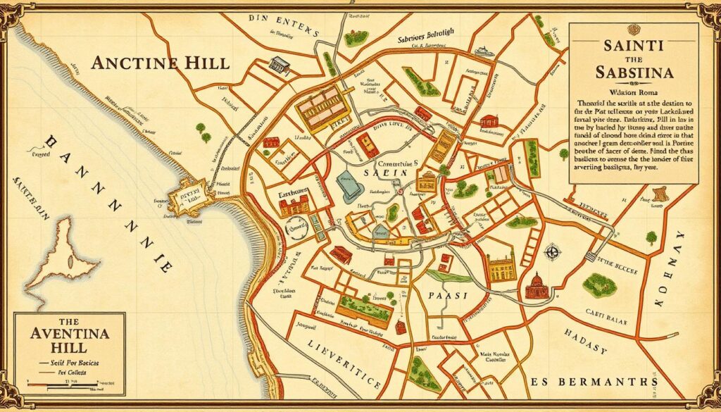 Historyczna mapa Rzymu z zaznaczonym wzgórzem Awentyn i miejscem bazyliki świętej Sabiny Historyczna mapa Rzymu z zaznaczonym wzgórzem Awentyn i miejscem bazyliki świętej Sabiny