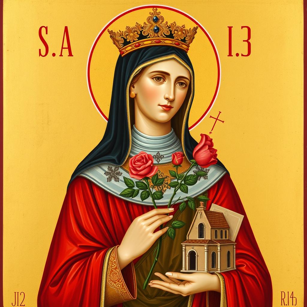 Ikona świętej Izabeli z jej tradycyjnymi atrybutami: różami, koroną i habitem tercjarskim