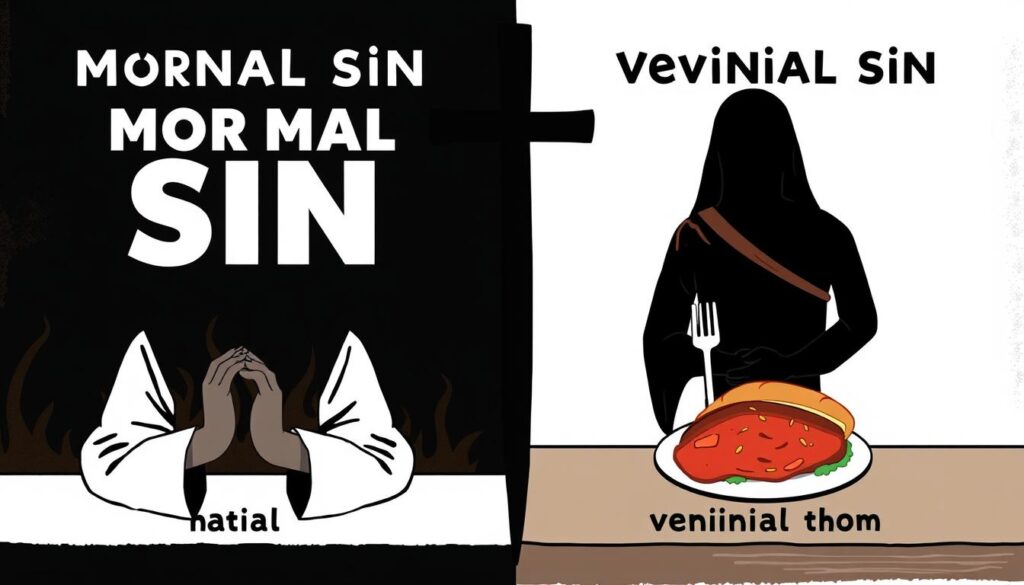 Ilustracja przedstawiająca różnicę między grzechem śmiertelnym a powszednim w kontekście katolickiej nauki