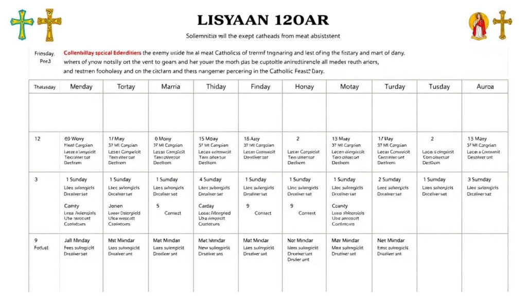 Kalendarz liturgiczny z zaznaczonymi uroczystościami, które znoszą obowiązek wstrzemięźliwości od mięsa