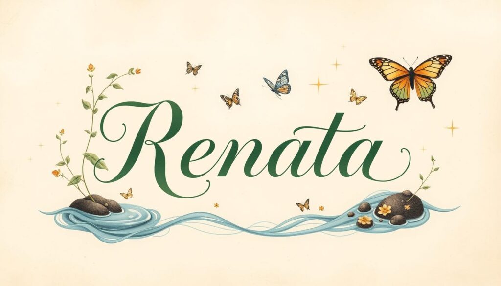 Kaligrafia imienia Renata z symbolami odrodzenia i nowego życia Kaligrafia imienia Renata z symbolami odrodzenia i nowego życia