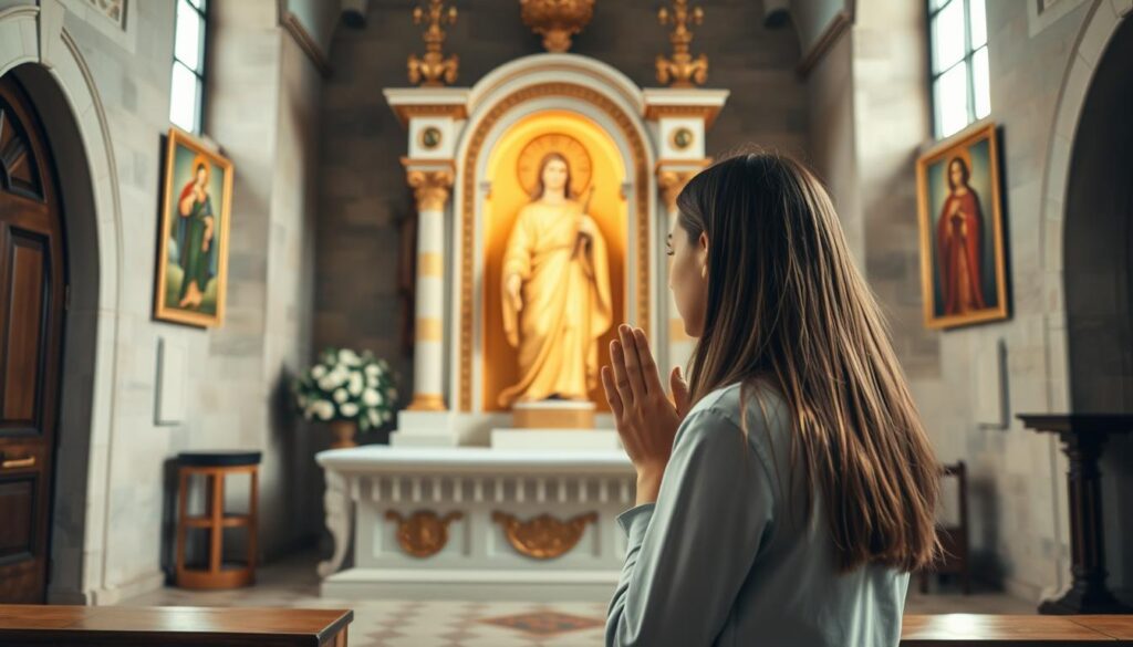 Młoda kobieta modląca się przy obrazie świętej Amelii Młoda kobieta modląca się przy obrazie świętej Amelii