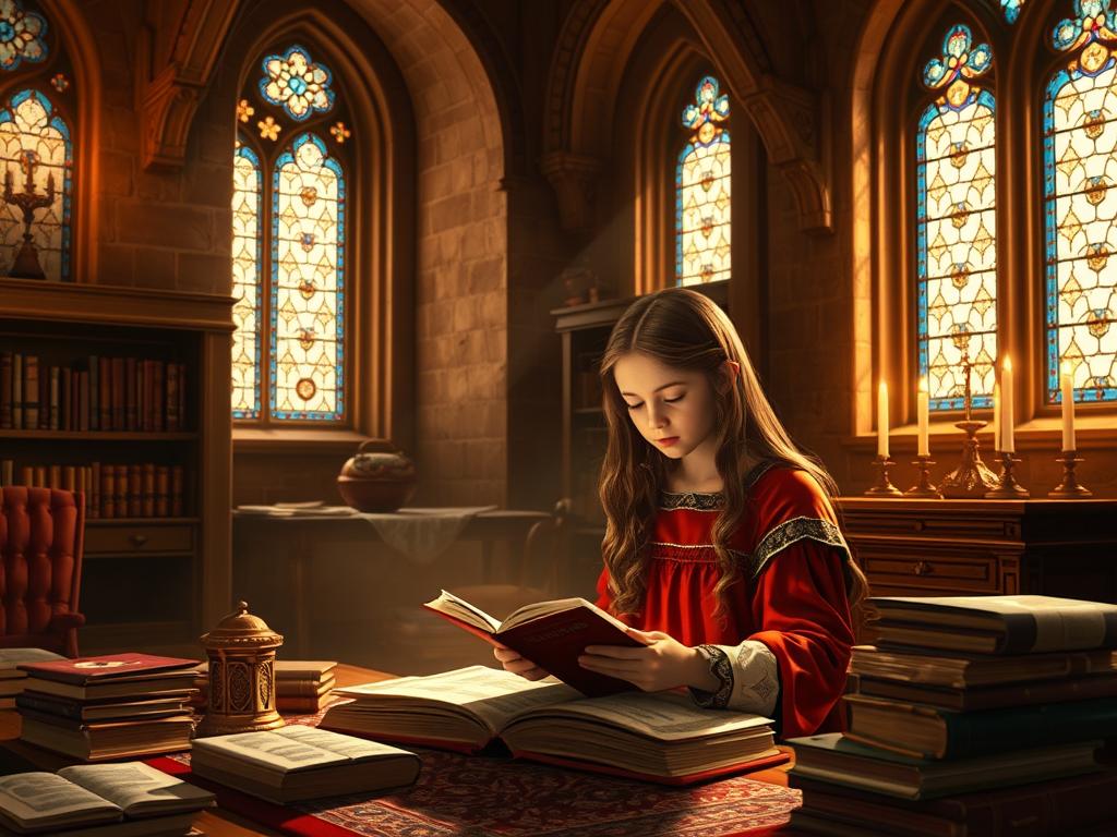 Młoda święta Izabela podczas nauki i modlitwy w królewskim pałacu w Aragonii