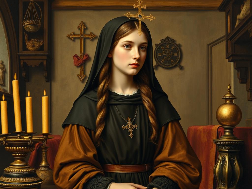 Młoda święta Klara w domu rodzinnym w Asyżu - patronka przed wstąpieniem do zakonu Młoda święta Klara w domu rodzinnym w Asyżu - patronka przed wstąpieniem do zakonu