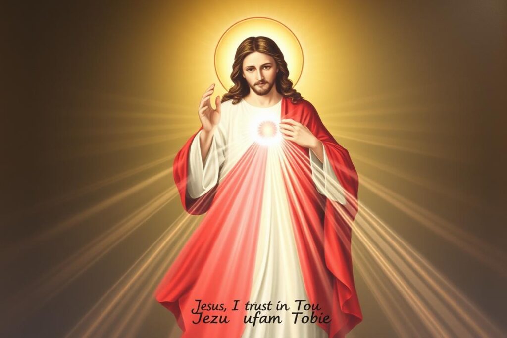 Obraz Jezusa Miłosiernego z podpisem 'Jezu ufam Tobie', związany z misją św. Faustyny jako patronki kultu Miłosierdzia Bożego