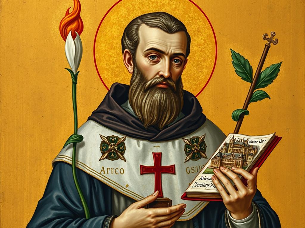 Obraz świętego Czesława z jego atrybutami - księgą, lilią i płomieniem