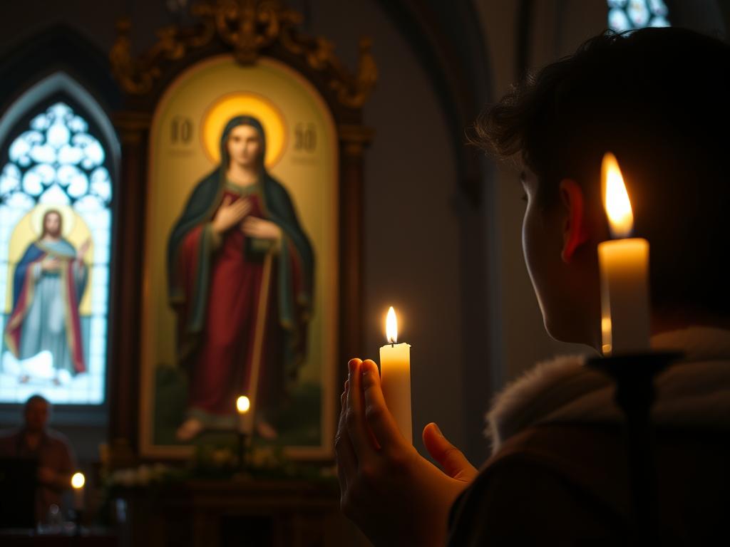 Osoba modląca się przed ikoną świętej Aleksandry z zapaloną świecą Osoba modląca się przed ikoną świętej Aleksandry z zapaloną świecą