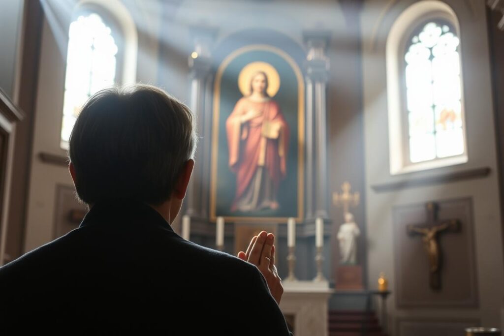 Osoba modląca się przed wizerunkiem świętej Sabiny w bazylice jej imienia Osoba modląca się przed wizerunkiem świętej Sabiny w bazylice jej imienia