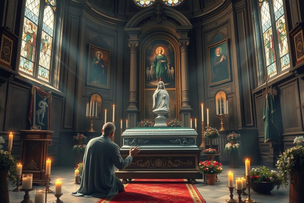 Osoba modląca się przy relikwiach świętej Izabeli w kościele klasztoru Świętej Klary-a-Nova w Coimbrze