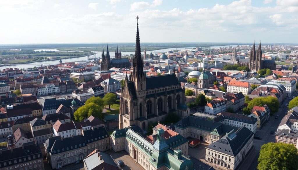 Panorama Wrocławia z zaznaczonym kościołem św. Wojciecha, gdzie znajdują się relikwie świętego Czesława