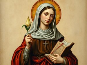 Średniowieczny obraz przedstawiający świętą Amelię w szatach zakonnych