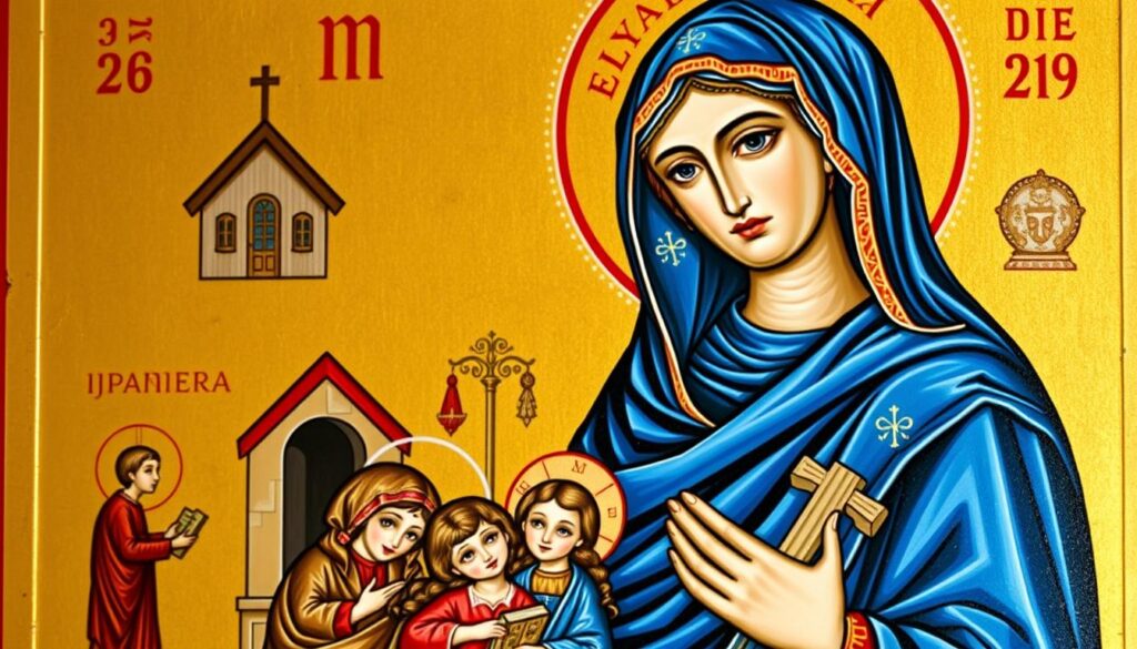 Święta Emilia jako patronka rodzin, przedstawiona w otoczeniu symbolizującym jej opiekę nad domem i rodziną Święta Emilia jako patronka rodzin, przedstawiona w otoczeniu symbolizującym jej opiekę nad domem i rodziną