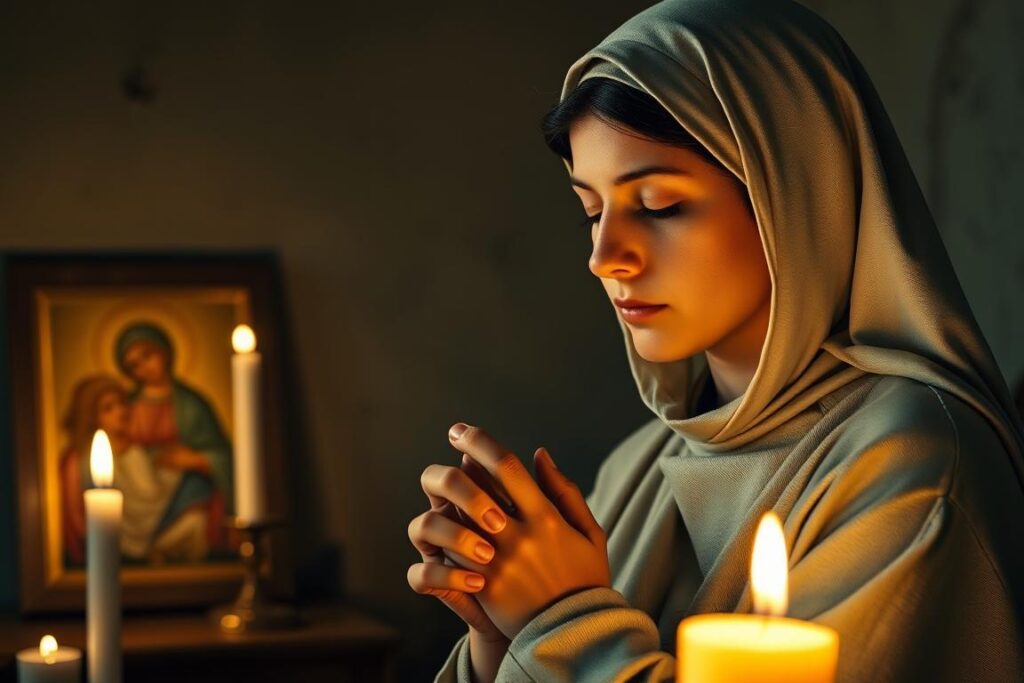 Święta Emilia podczas modlitwy, ukazująca jej głęboką duchowość i pobożność Święta Emilia podczas modlitwy, ukazująca jej głęboką duchowość i pobożność