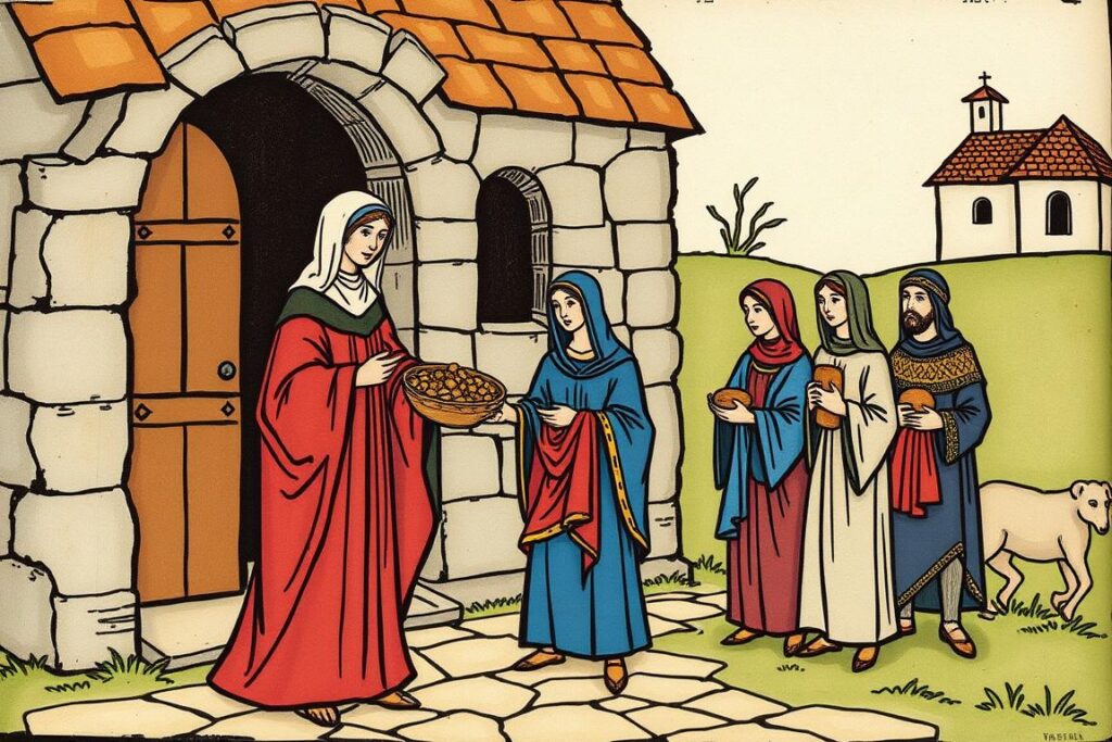 Święta Iwona pomagająca ubogim - średniowieczna ilustracja