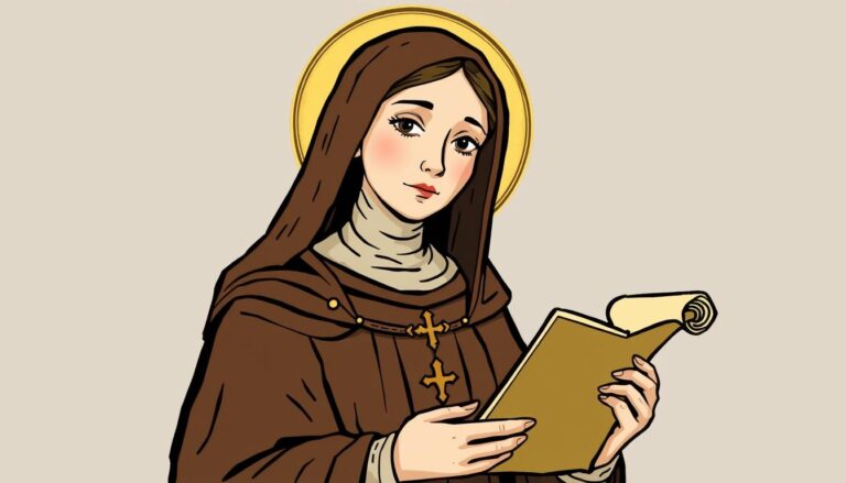 Święta Iwona - średniowieczna ilustracja przedstawiająca świętą z księgą i pergaminem