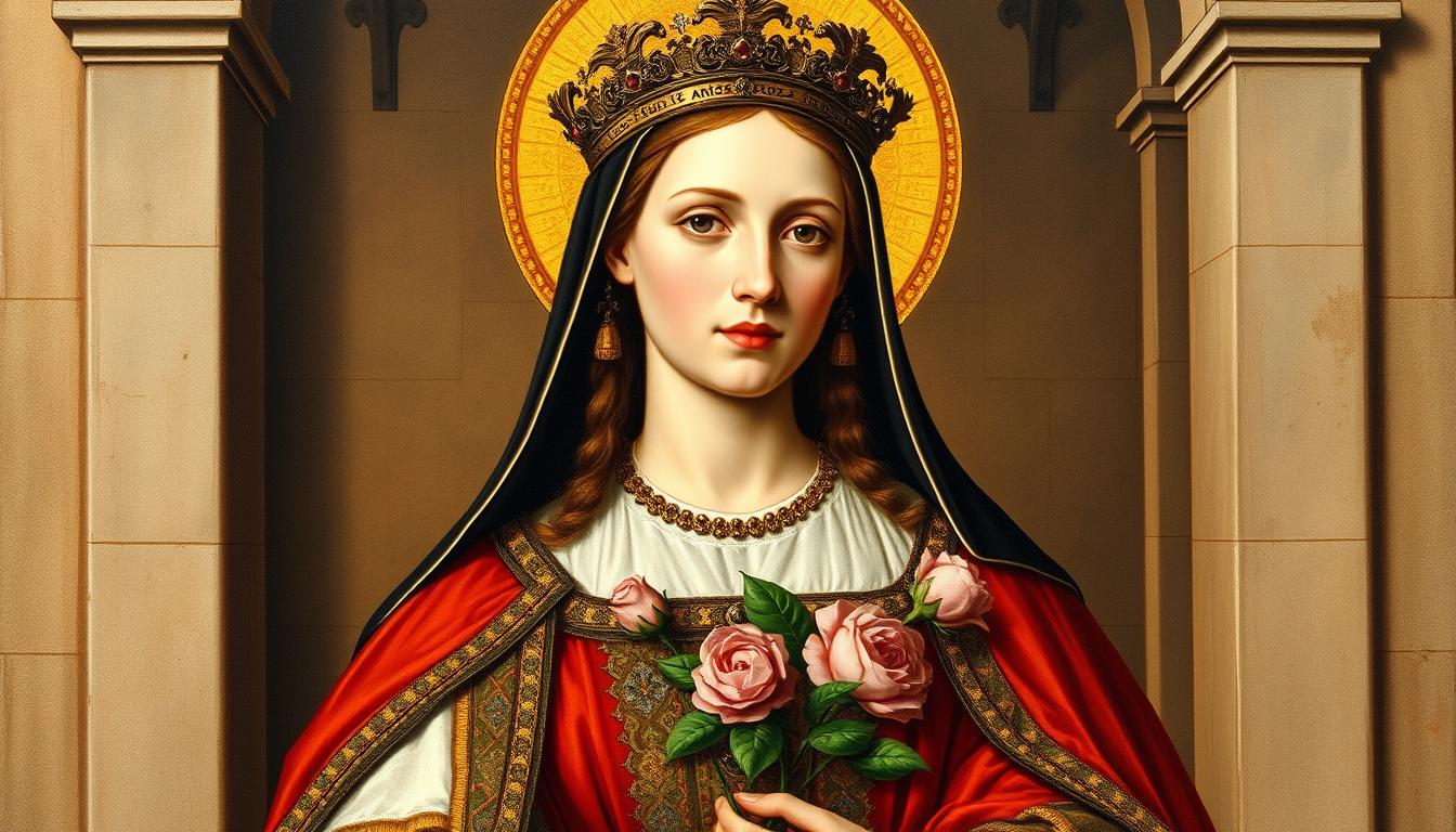 Święta Izabela Portugalska w królewskich szatach z różami w fałdach sukni, symbolizującymi słynny cud