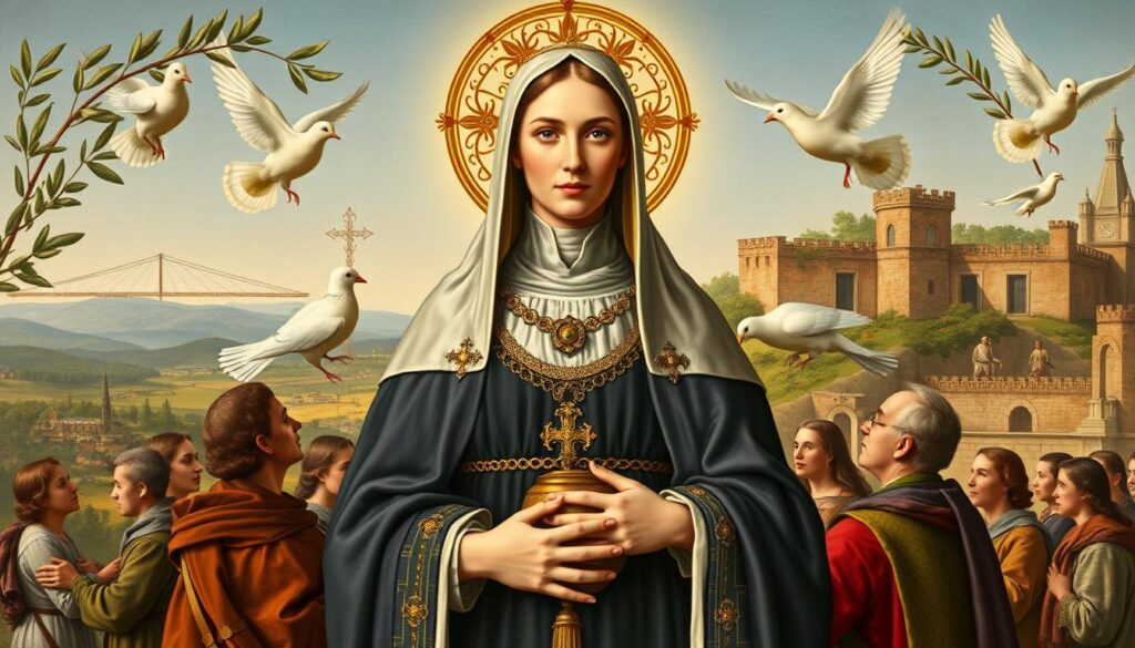 Święta Izabela jako patronka pokoju i mediacji, przedstawiona z symbolami pokoju i pojednania