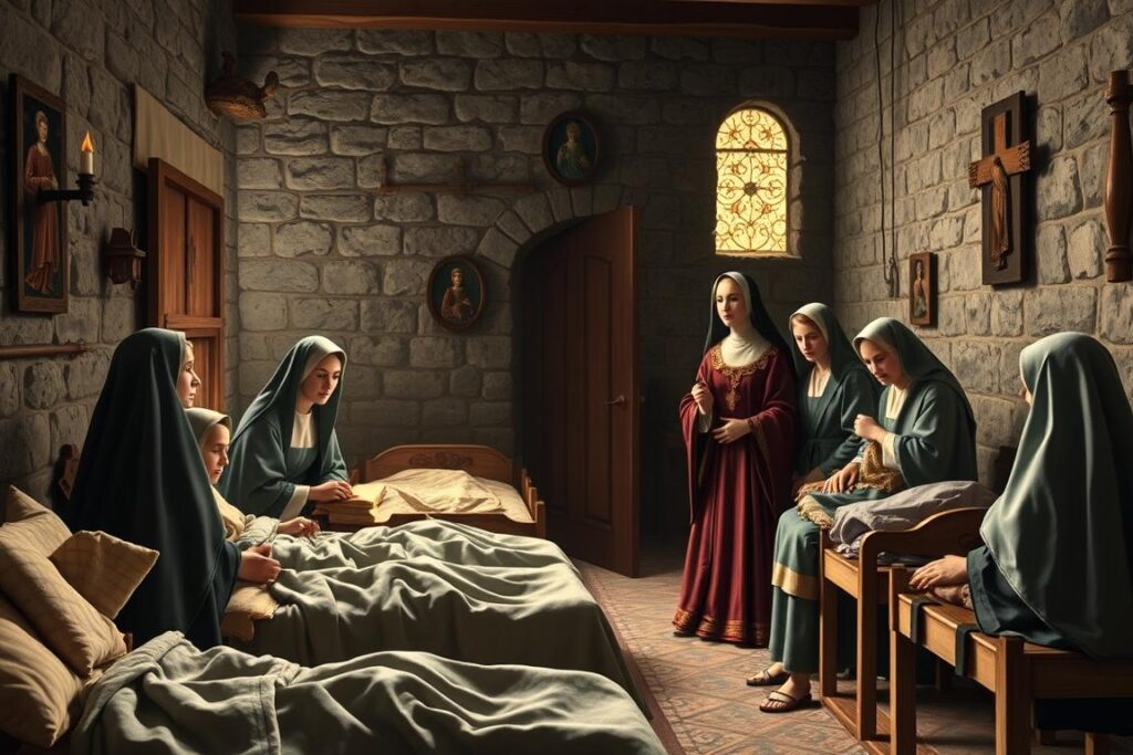 Święta Izabela odwiedzająca chorych w założonym przez siebie szpitalu w Coimbrze