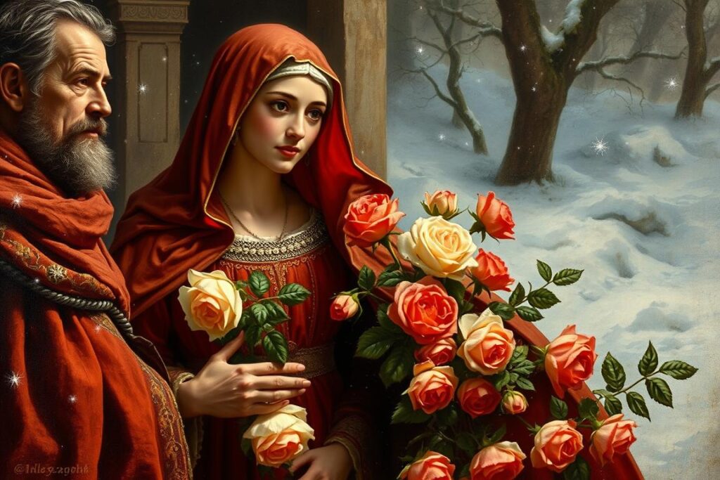 Święta Izabela podczas cudu róż - moment przemiany chleba w kwiaty w obecności króla Dionizego