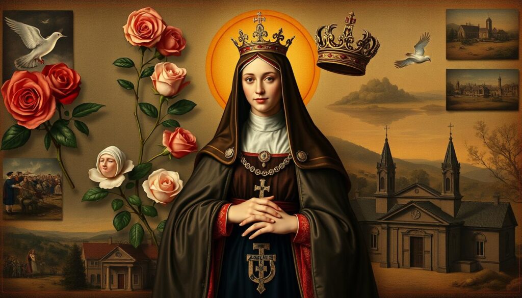 Święta Izabela w otoczeniu symboli jej życia i dziedzictwa - róż, korony, habitu, szpitala i kościoła