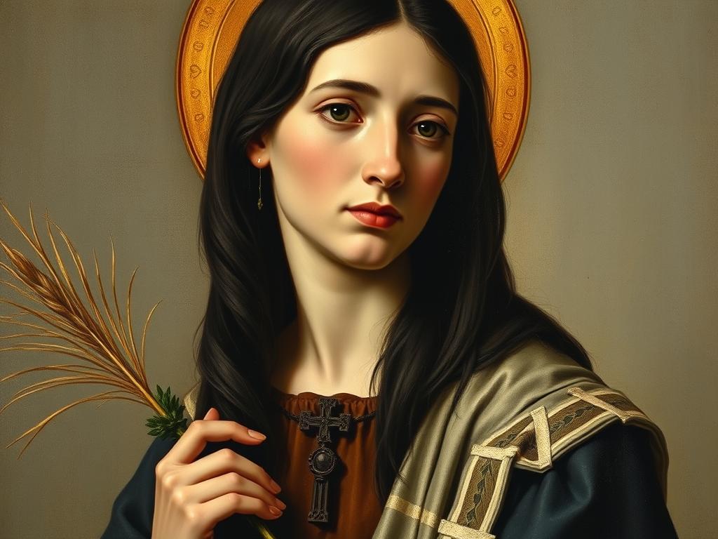 Święta Julia z Korsyki - portret ukazujący młodą kobietę z palmą męczeństwa i krzyżem