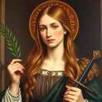 Święta Justyna z Padwy - portret ukazujący młodą kobietę z palmą męczeństwa i mieczem