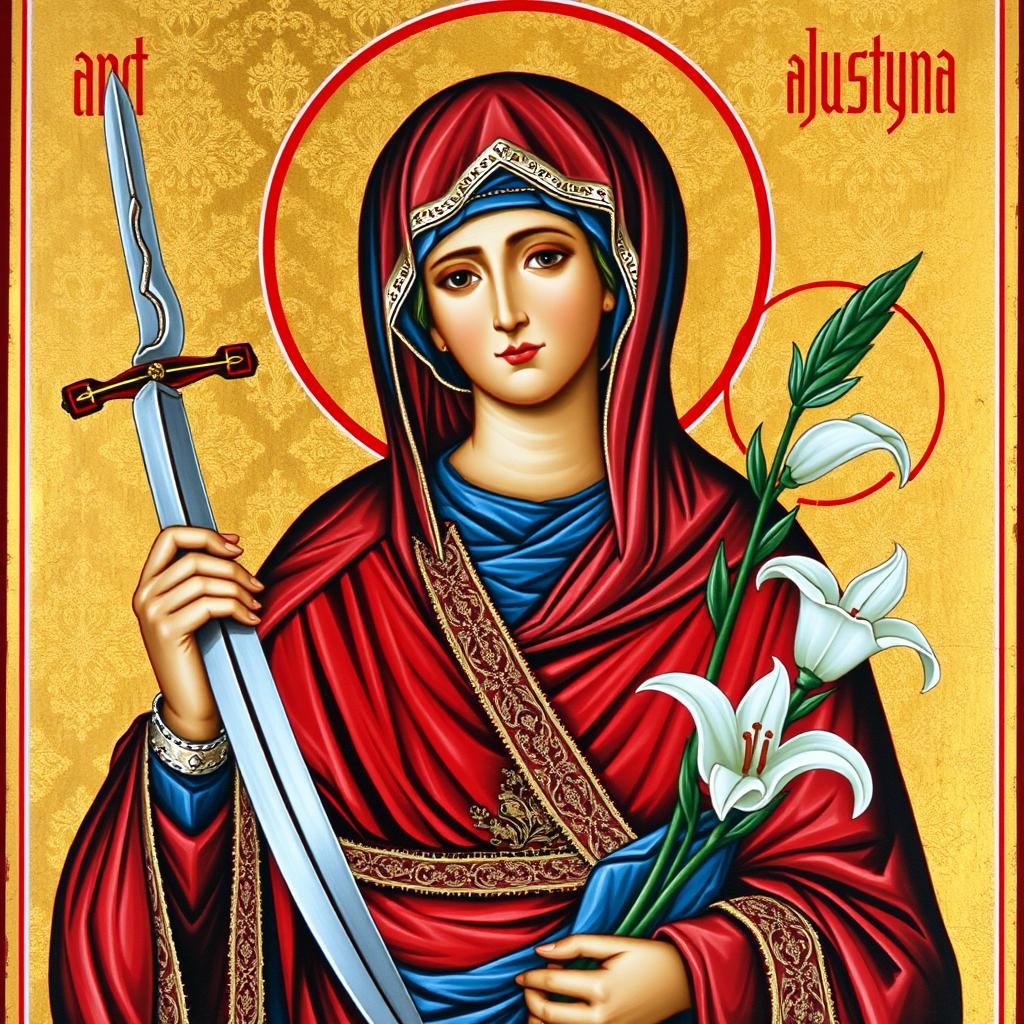 Święta Justyna z jej tradycyjnymi atrybutami - mieczem, palmą męczeństwa i lilią Święta Justyna z jej tradycyjnymi atrybutami - mieczem, palmą męczeństwa i lilią