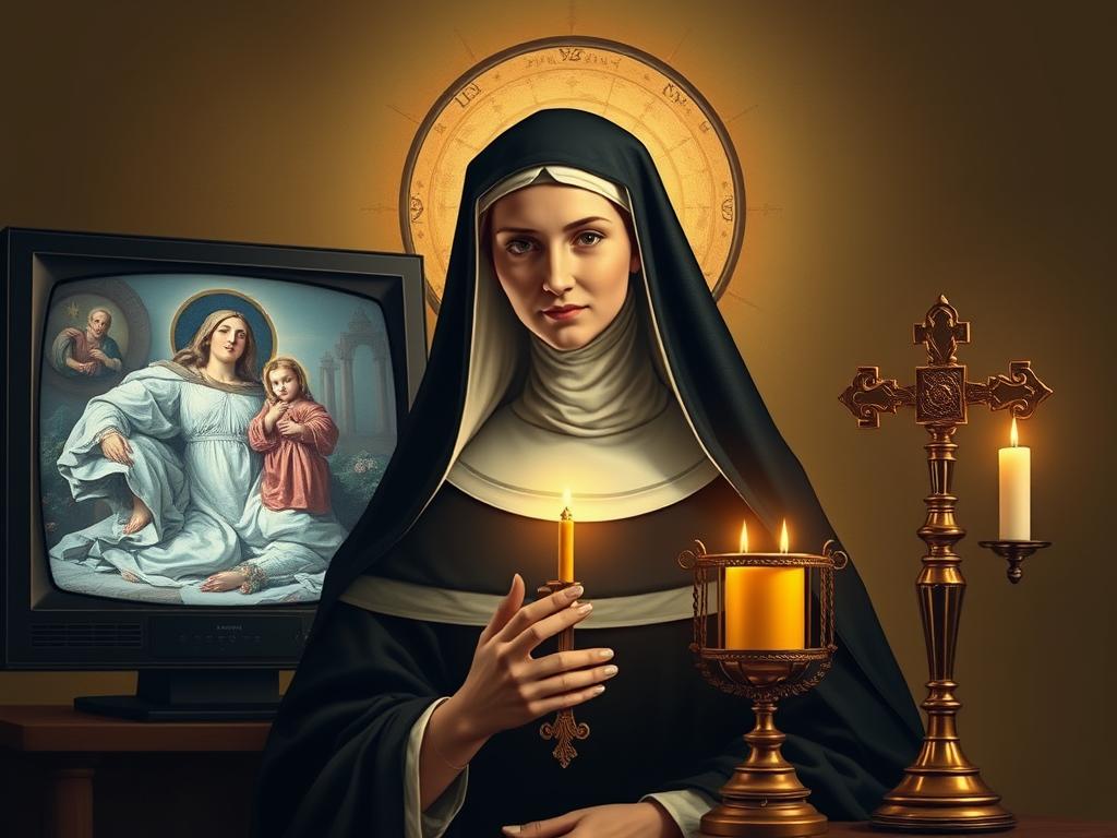 Święta Klara patronka telewizji - symboliczne przedstawienie z ekranem telewizyjnym i monstrancją Święta Klara patronka telewizji - symboliczne przedstawienie z ekranem telewizyjnym i monstrancją