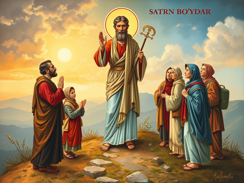 Święty Bożydar jako patron podróżników, błogosławiący grupę pielgrzymów