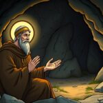 Święty Bożydar jako pustelnik modlący się w jaskini, otoczony naturalnym krajobrazem