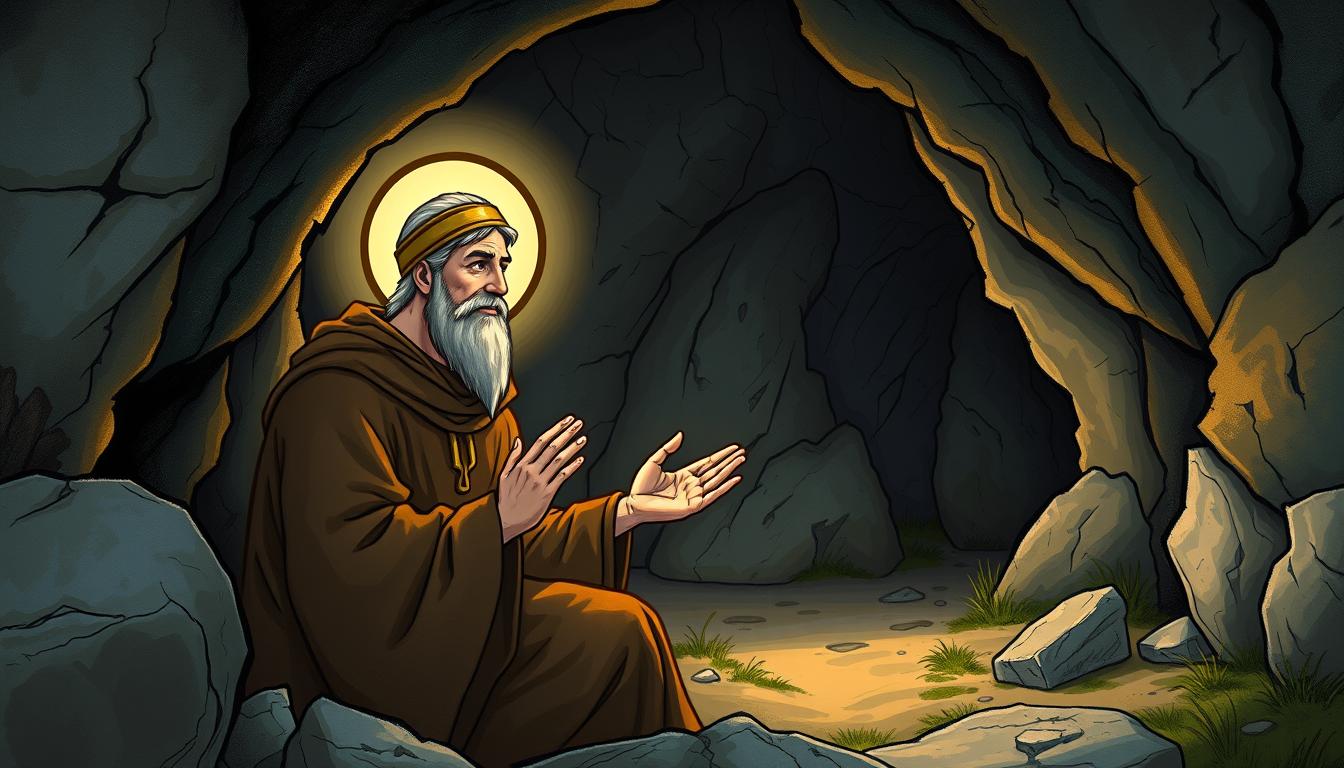 Święty Bożydar jako pustelnik modlący się w jaskini, otoczony naturalnym krajobrazem