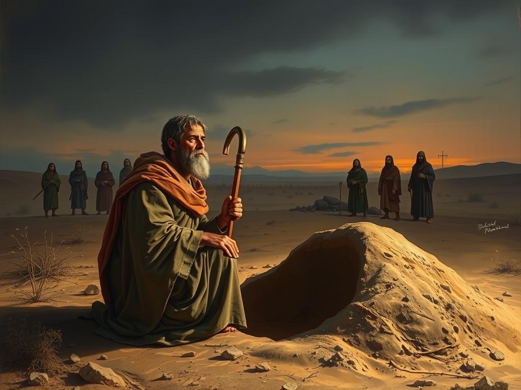 Święty Bożydar medytujący przy wykopanym przez siebie grobie