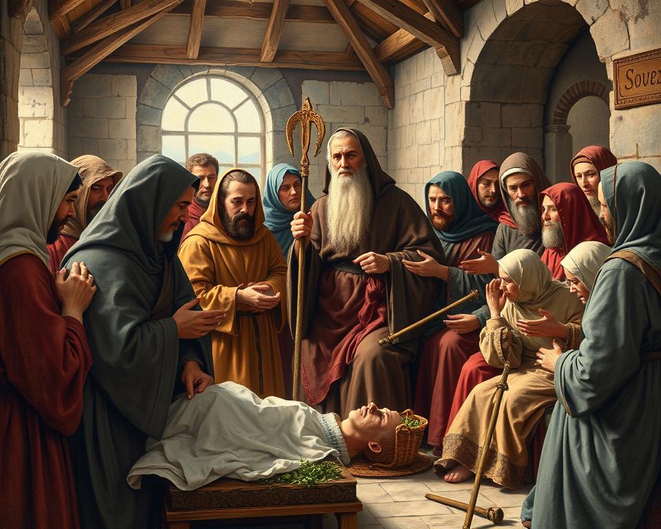 Święty Bożydar opiekujący się chorymi w założonym przez siebie szpitalu