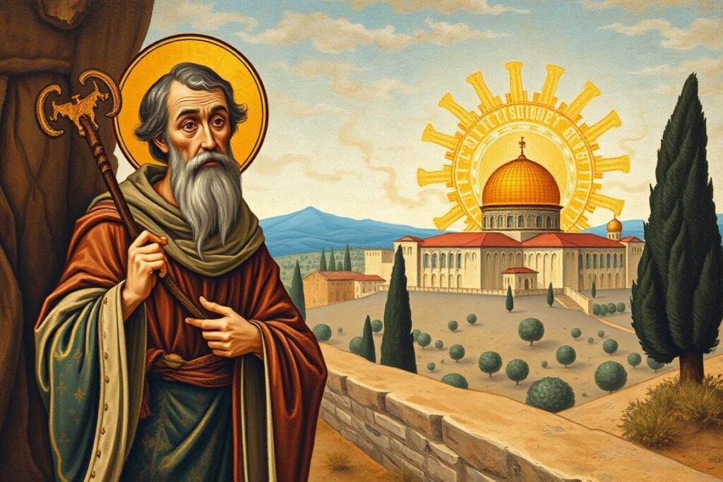 Święty Bożydar w drodze do Jerozolimy, ukazany jako pielgrzym z laską podróżną