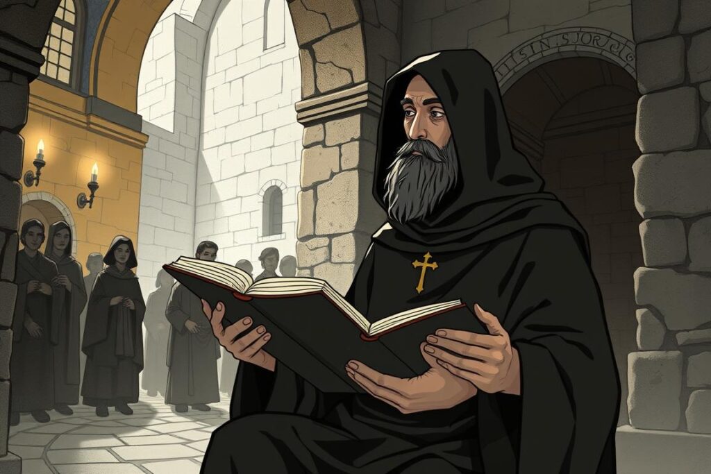 Święty Igor jako mnich w klasztorze, ilustracja przedstawiająca jego przemianę duchową