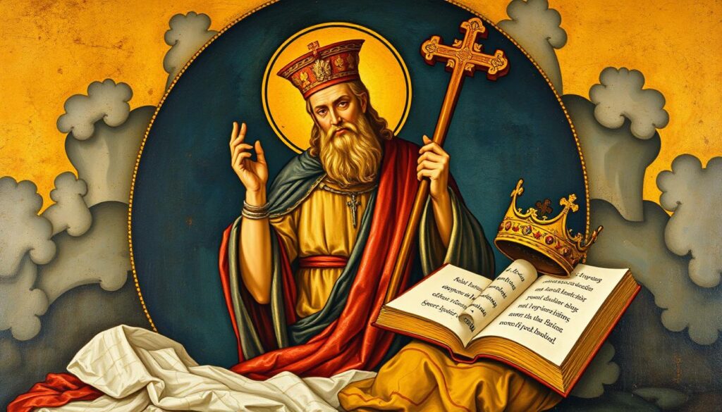 Święty Igor w otoczeniu symboli jego duchowości - krzyża, księgi i korony