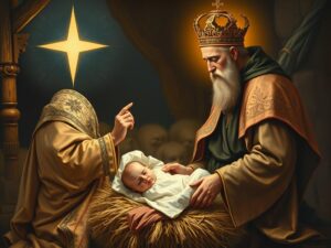 Święty Kacper składający dary Dzieciątku Jezus w Betlejem