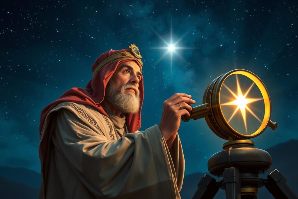 Święty Kacper studiujący gwiazdy, symbol jego mądrości i poszukiwania prawdy Święty Kacper studiujący gwiazdy, symbol jego mądrości i poszukiwania prawdy