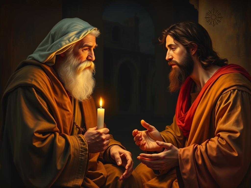 Święty Nikodem podczas nocnej rozmowy z Jezusem - scena z Ewangelii św. Jana