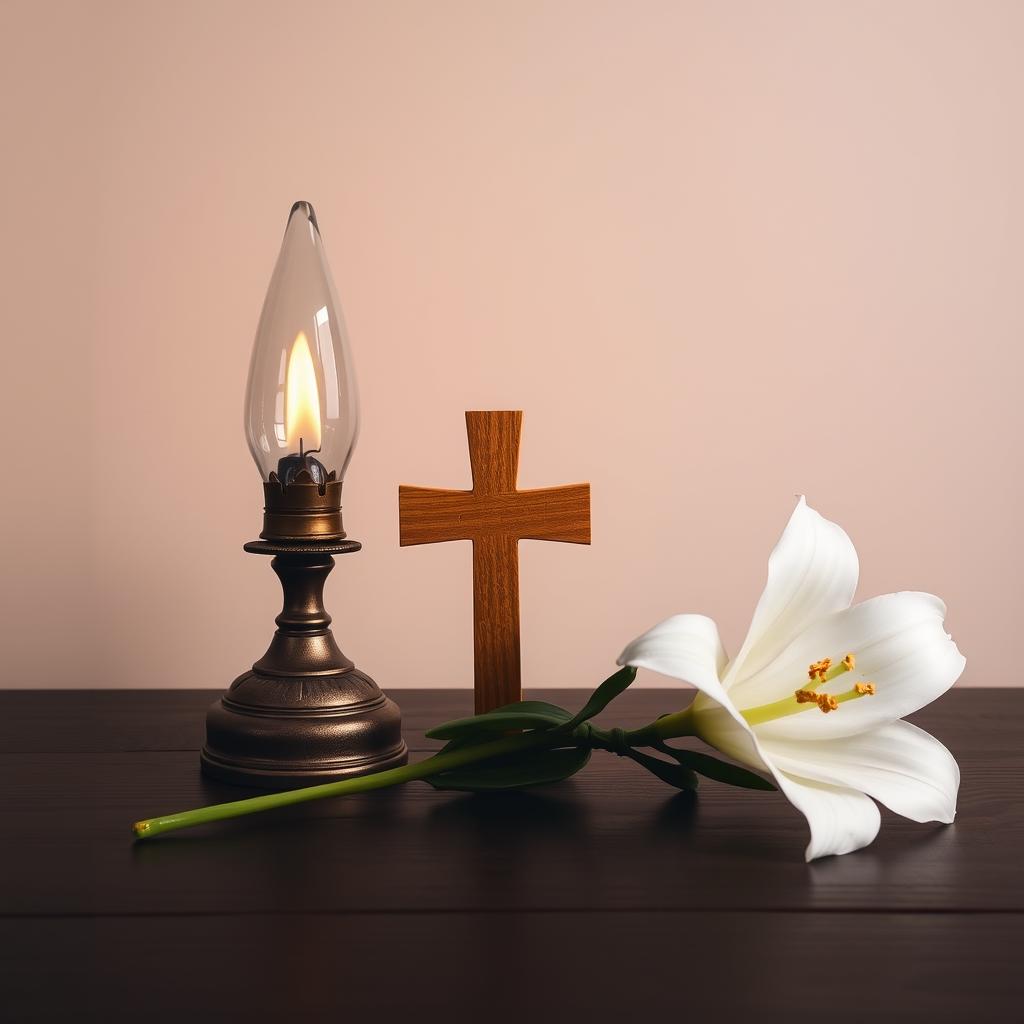 Symboliczne atrybuty świętej Renaty: lampka oliwna, krzyż i lilia Symboliczne atrybuty świętej Renaty: lampka oliwna, krzyż i lilia