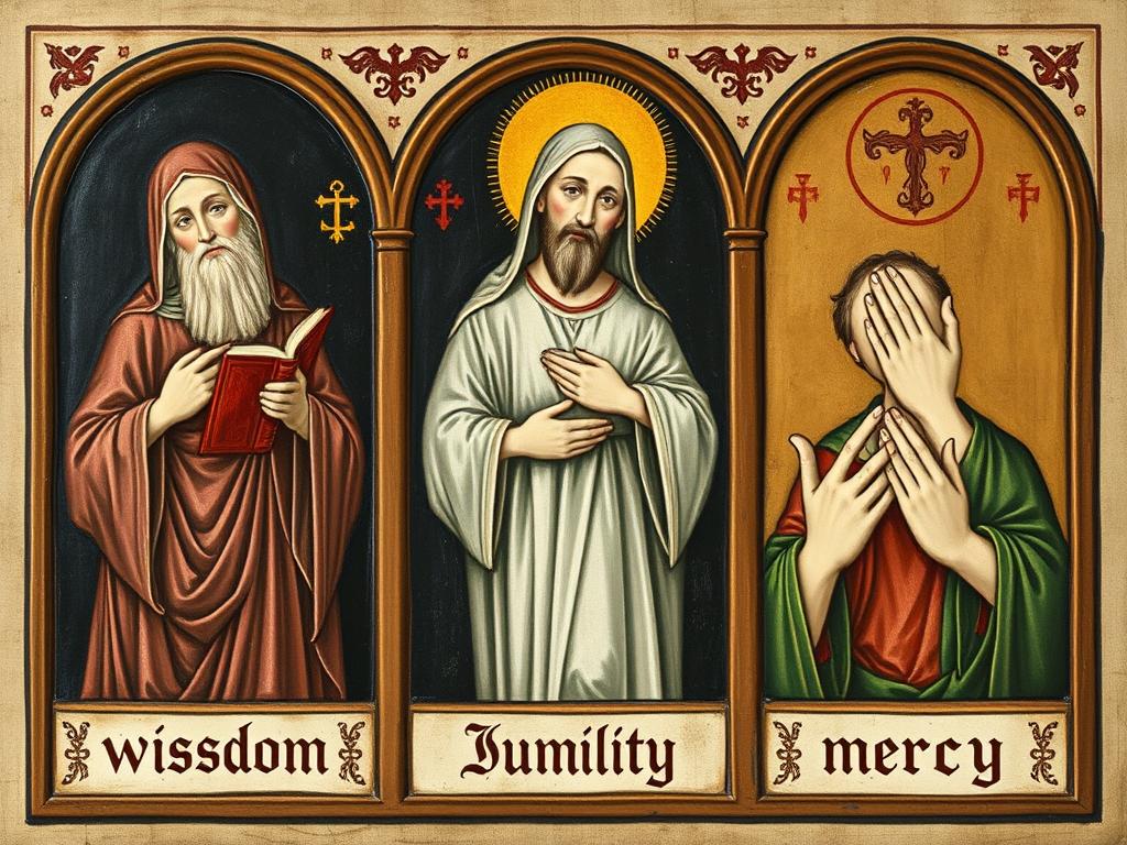 Symboliczne przedstawienie cnót świętego Przemysława: mądrość, pokora i miłosierdzie Symboliczne przedstawienie cnót świętego Przemysława: mądrość, pokora i miłosierdzie