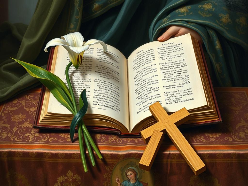 Typowe atrybuty świętej Igi w ikonografii religijnej - księga, lilia i krzyż Typowe atrybuty świętej Igi w ikonografii religijnej - księga, lilia i krzyż