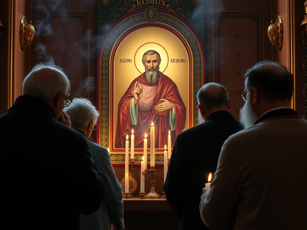 Wierni modlący się przed ikoną świętego Igora w cerkwi