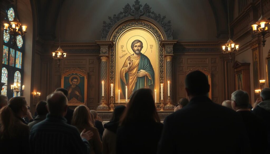 Wierni modlący się przed wizerunkiem świętego Bożydara w kościele