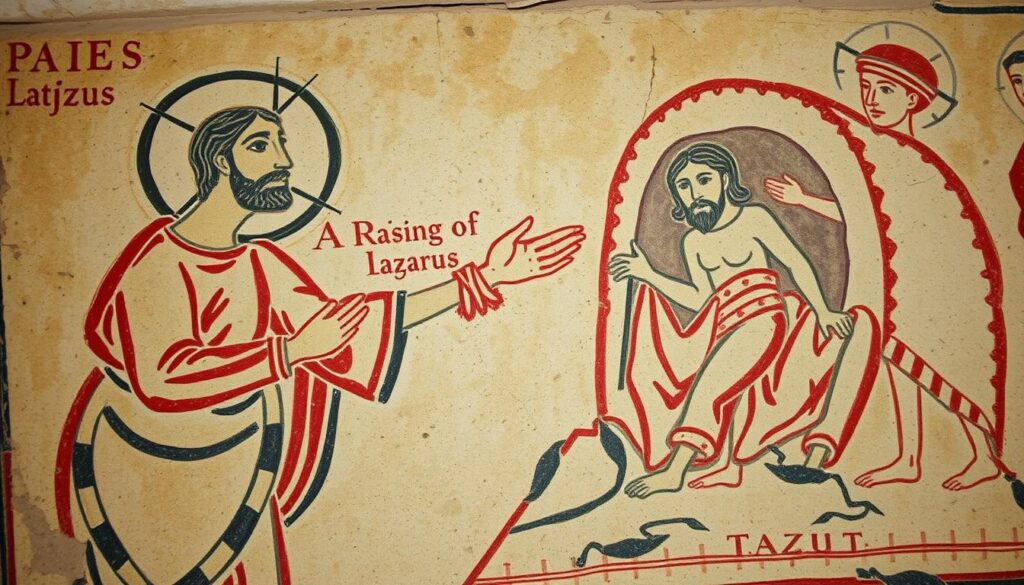 Wskrzeszenie Łazarza w sztuce chrześcijańskiej, fresk z katakumb Wskrzeszenie Łazarza w sztuce chrześcijańskiej, fresk z katakumb