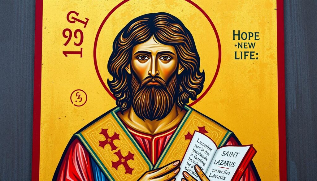 Współczesna ikona świętego Łazarza symbolizująca nadzieję i nowe życie Współczesna ikona świętego Łazarza symbolizująca nadzieję i nowe życie