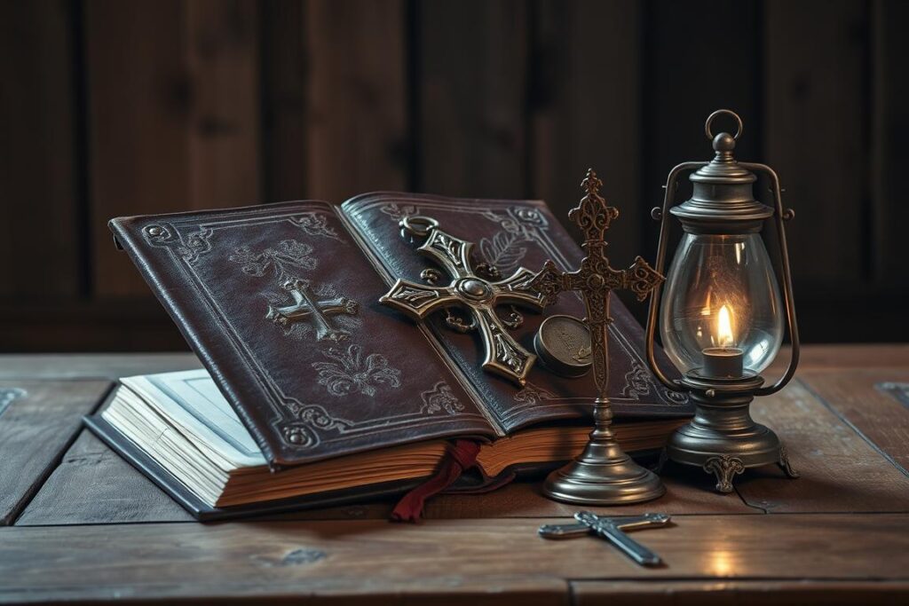 Atrybuty świętego Monitora: księga, krzyż i lampa oliwna Atrybuty świętego Monitora: księga, krzyż i lampa oliwna