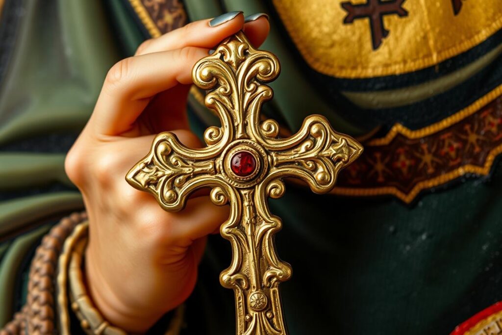 Detal ikony przedstawiający Świętą Patrycję trzymającą krzyż - atrybut świętej patrycji